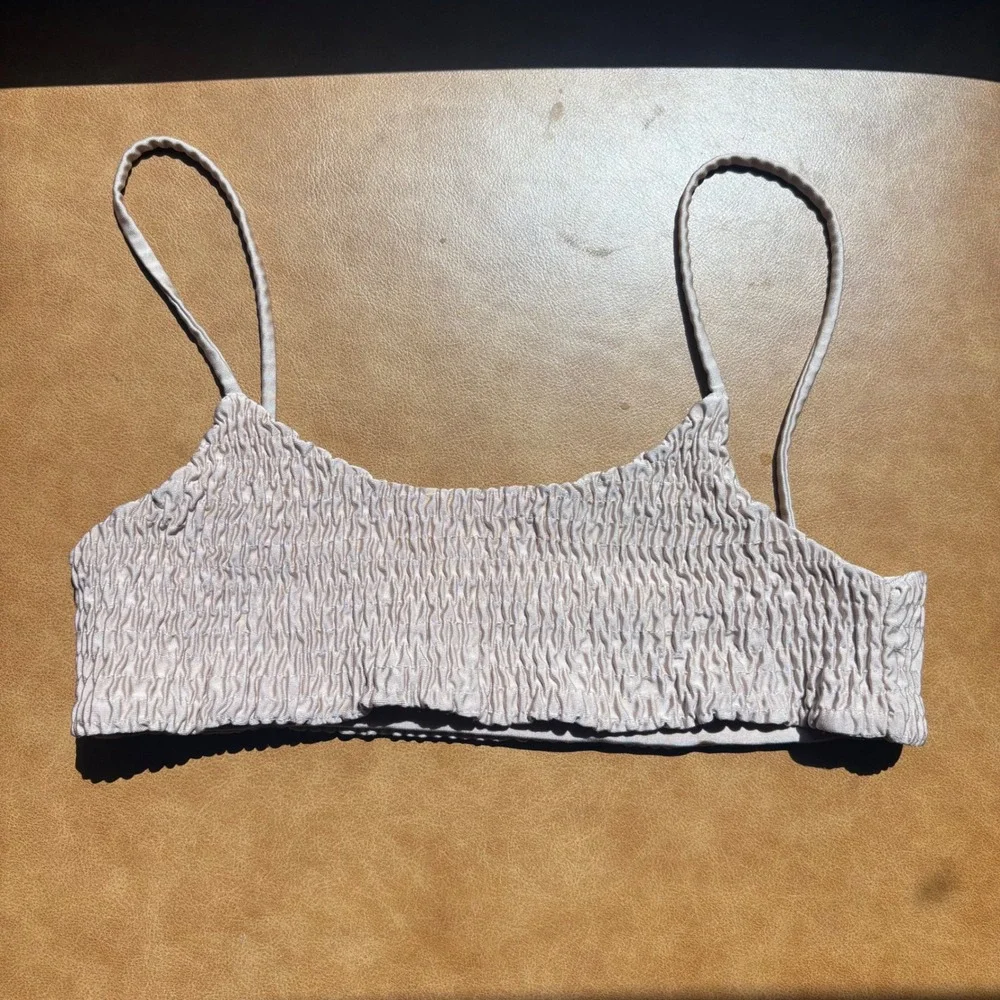 Champagne Nude Smocked Bikini Top Spaghetti Strap Bralette Swimwear Minimalist